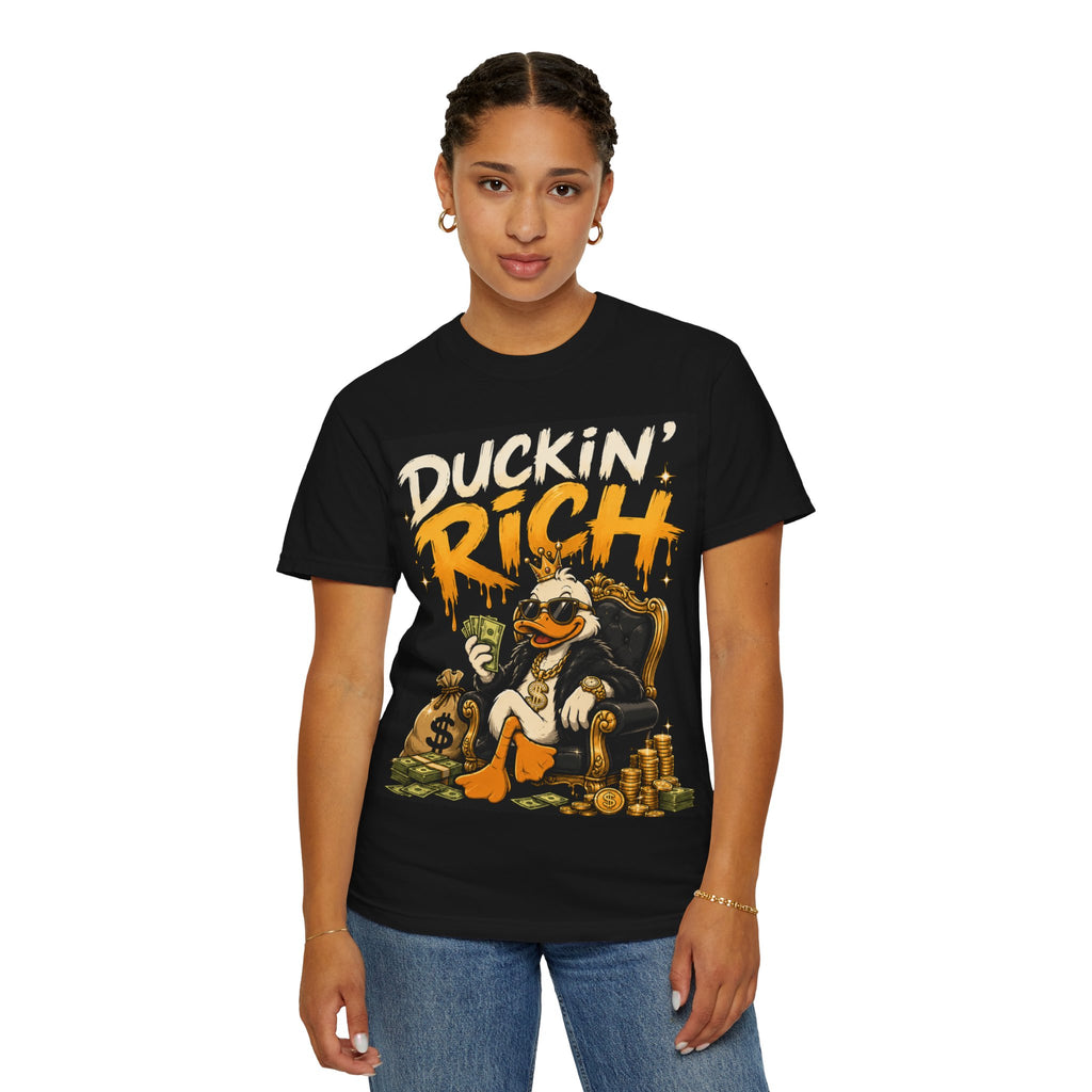 Duckin' Rich duck character T-shirt | money cartoon graphic tee
